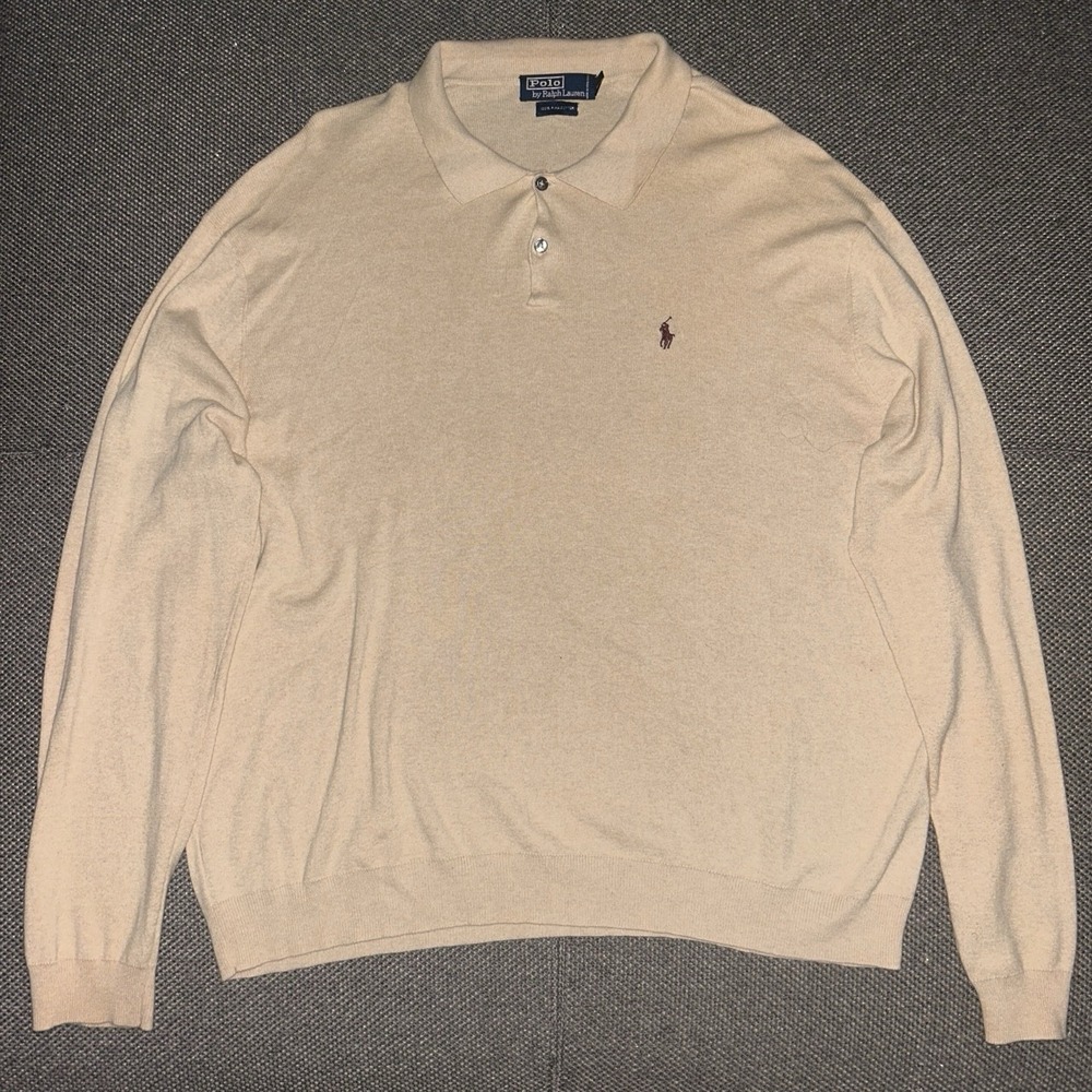 Vintage 90s Polo Ralph Lauren Men's Tan Long Sleeve Pima Cotton Polo Shirt XXL